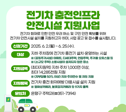 전기차 충전인프라 안전시설 지원사업
전기차 화재로 인한 안전 우려 해소 및 구민 안전 확보를 위해 전기차 안전시설 설치를 지원하고자 하며, 사업 공고 및 접수를 실시합니다.
신청기간 : 2025. 6. 2.(월) ~ 6. 25.(수).
대상 : 지하 주차장에 전기차 충전기 설치‧운영하는 시설
※ (공동주거시설) 아파트, 다세대주택, 연립주택, 주거용 오피스텔 등
※ (소규모 주택) 소방시설이 설치되지 않은 장소
지원금액 : (최대지원액) 지하 주차 1,000면 이상, 최대 14,285천원 지원
※ (자부담률 50% 이상) 지하 주차면수 별 차등 지원
지원품목 : 전기차 충전 화재예방 대응시설 설치 지원
※ 열화상카메라, 불꽃감지카메라 등 9가지 품목
문의처 : 은평구 주택과(☎351-7394)