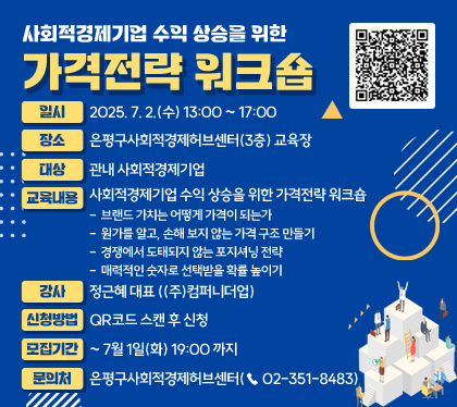 사회적경제기업 수익 상승을 위한 가격전략 워크숍
일시 : 2025. 7. 2.(수) 13:00 ~ 17:00
장소 : 은평구사회적경제허브센터(3층) 교육장
대상 : 관내 사회적경제기업 
교육내용 : 사회적경제기업 수익 상승을 위한 가격전략 워크숍
-  브랜드 가치는 어떻게 가격이 되는가
-  원가를 알고, 손해 보지 않는 가격 구조 만들기
-  경쟁에서 도태되지 않는 포지셔닝 전략
-  매력적인 숫자로 선택받을 확률 높이기
강사 : 정근혜 대표 ((주)컴퍼니더업)
신청방법 : QR코드 스캔 후 신청     
모집기간 : ~ 7월 1일(화) 19:00 까지
문의처 : 은평구사회적경제허브센터(☎ 02-351-8483)